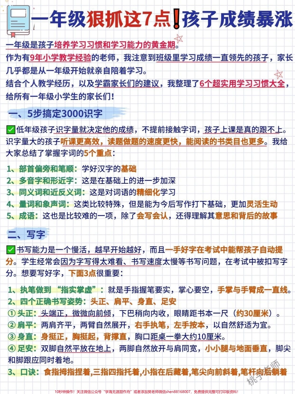 一年级务必坚持狠抓这7点!孩子成绩暴涨“少年若天性，习惯成自然。”良好习惯的养成，对一个人的成长有着至关重要的作用。。一年级是孩子培养学习习惯和学习能力的黄金期。作为有9年小学教学经验的老师，我注意到.pdf_第1页