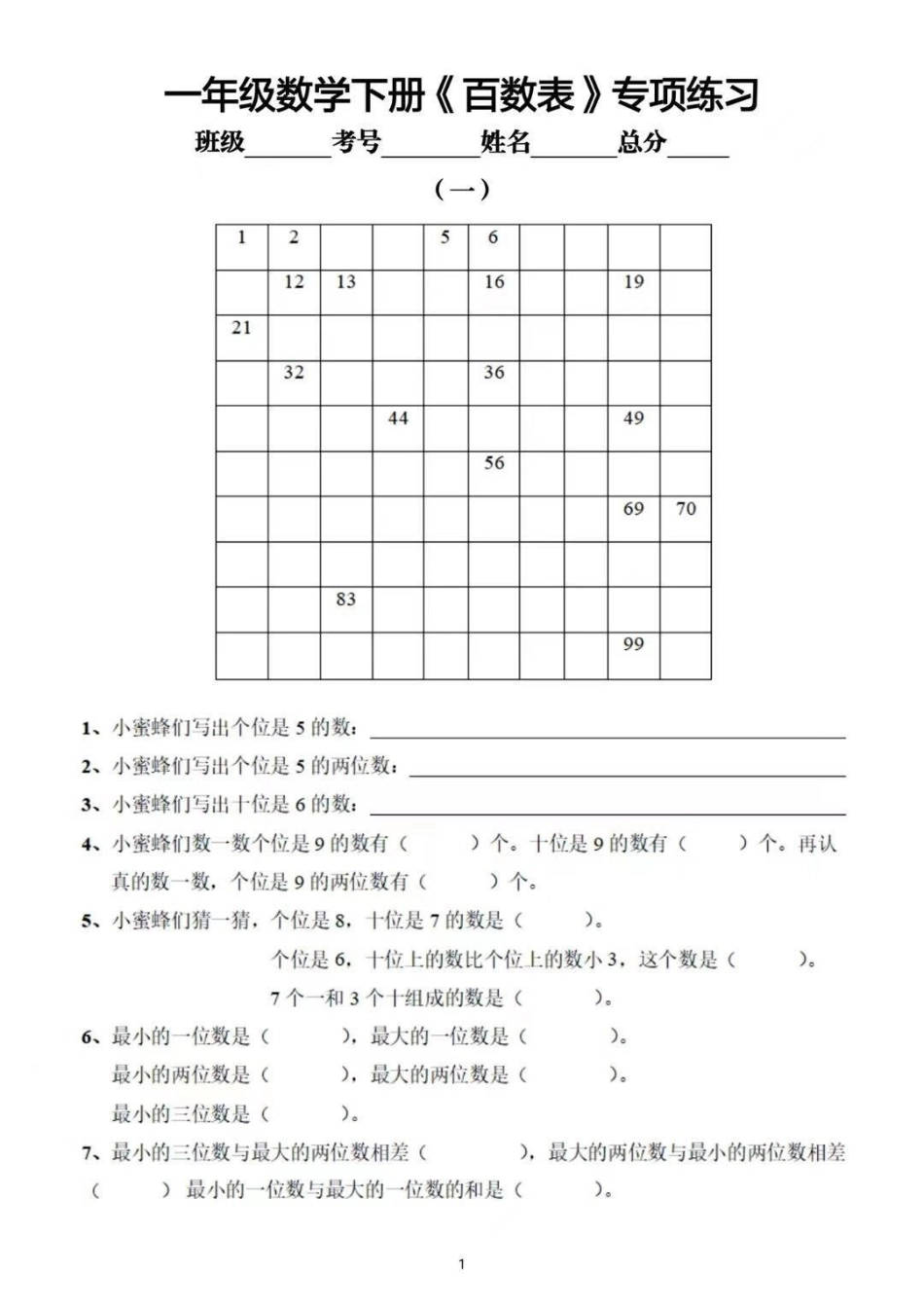 一年级下册百数表专项练。一年级下册数学，百数表专项练习题。一年级下册 数学 一年级重点知识归纳 一年级数学题 百数表专项练习.pdf_第2页