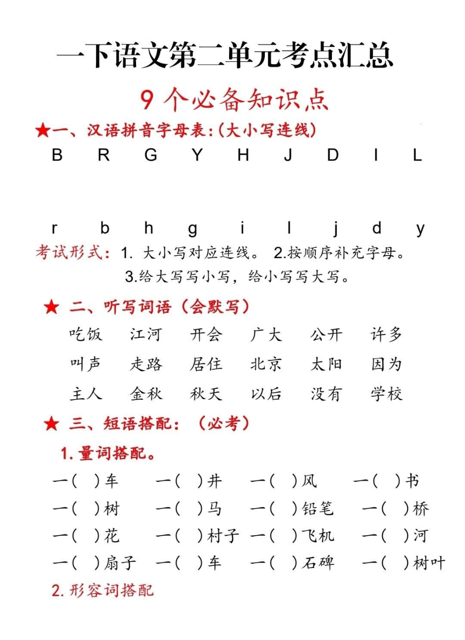 一年级下册第二单元考点汇总。一年级下册第二单元9个必备知识点，老师要求必须掌握。一年级 一年级语文下册 一年级语文 知识点总结 语文.pdf_第1页