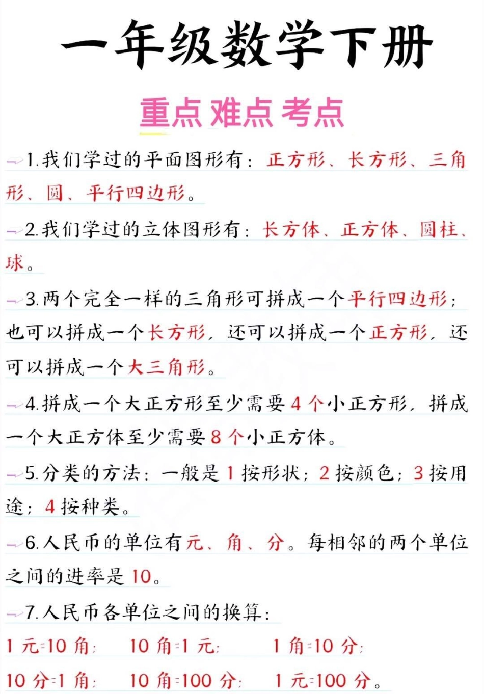 一年级下册数学重难点及考点知识点归纳小学数学 教育 数学 数学思维 学习.pdf_第1页