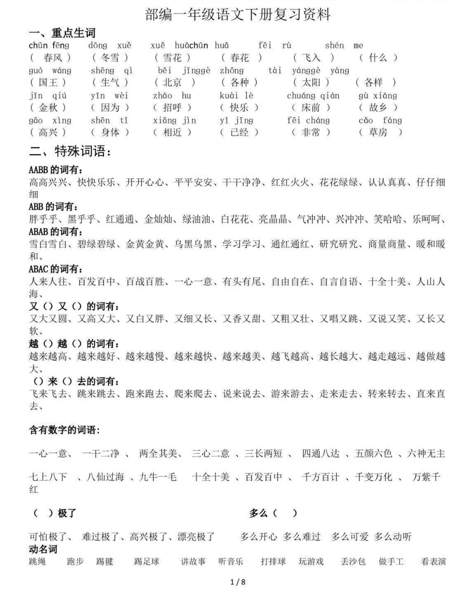 一年级下册语文 知识点总结。都是一年级下册语文知识的必考点，可以提高孩子复习效率，查漏补缺，短时间冲刺。快速提高语文成绩100，打印出来给孩子复习，期末考个好成绩。关注我持续更新小学知识 学习资料分享.pdf_第1页