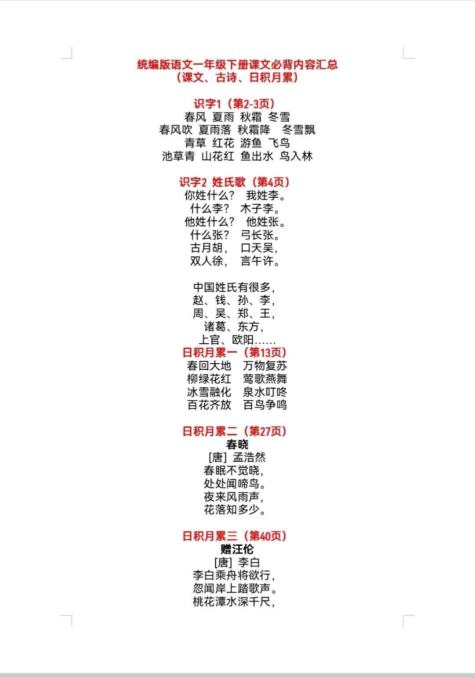 一年级下册语文必背内容汇总。老师要求下册提前预习，下发课文全部的背诵内容给大家！一年级语文 一年级下册语文必备内容汇总语文必背内容汇总.pdf_第2页