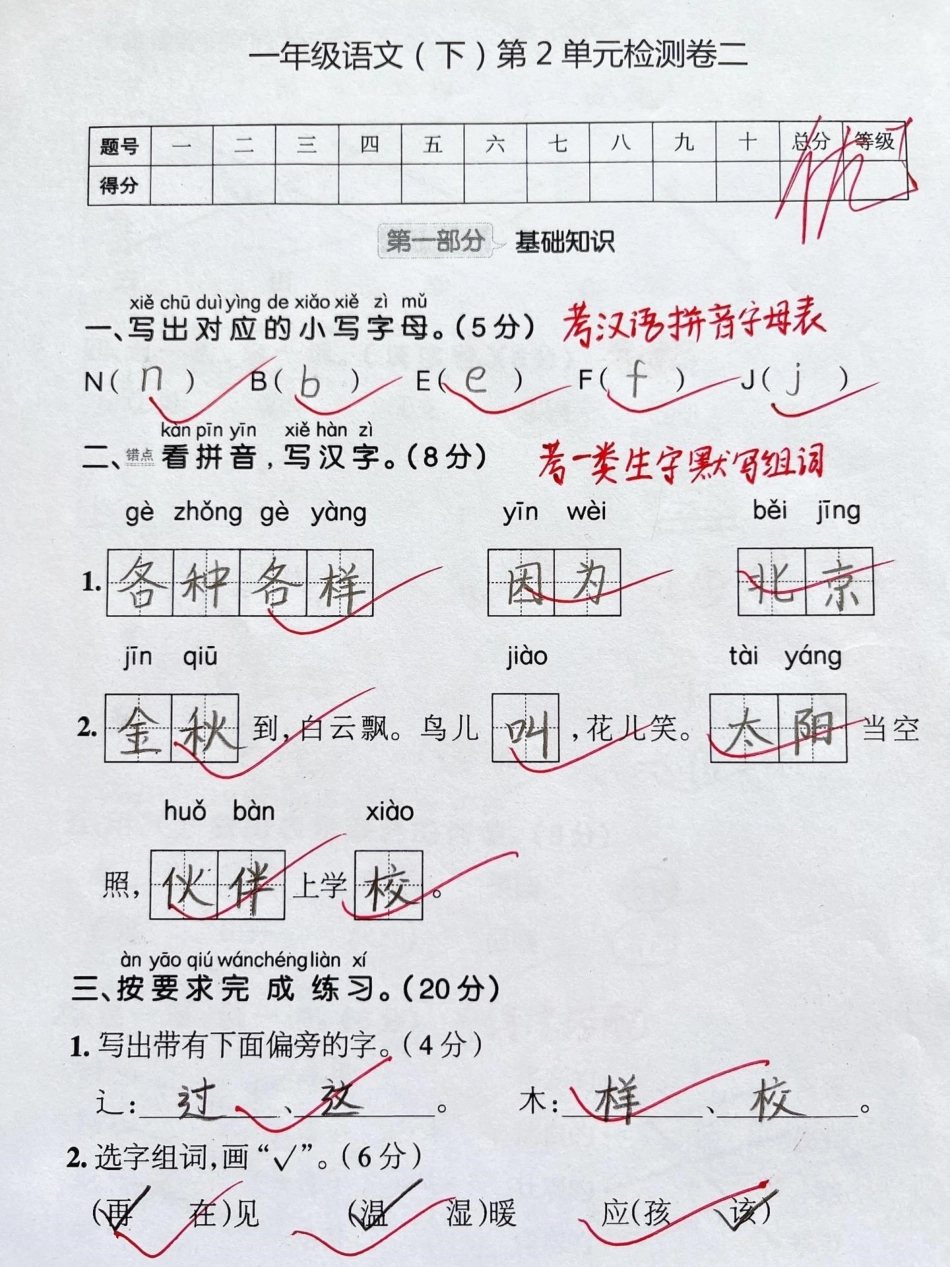 一年级下册语文第二单元测试卷。一年级 知识分享  一年级语文下册 单元测试卷.pdf_第1页