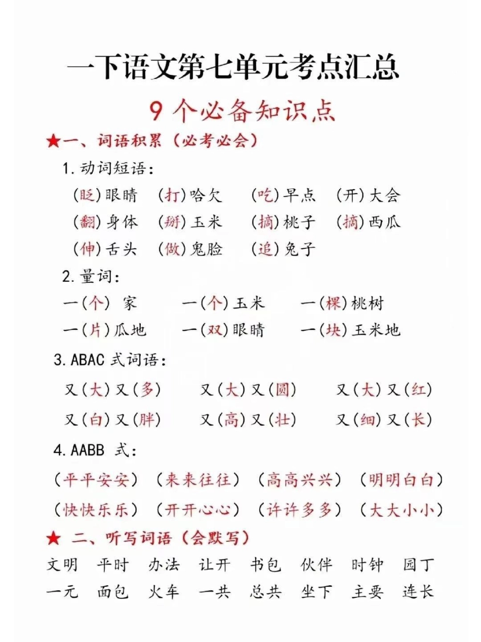 一年级下册语文第七单元考点汇总 一年级语文下册 一年级 一年级重点知识归纳 语文知识分享.pdf_第1页