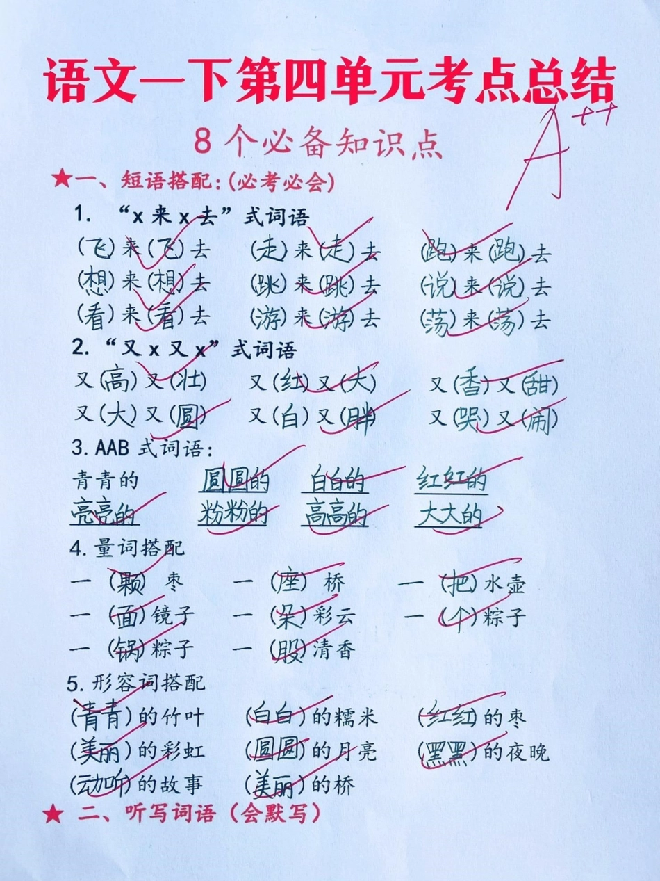 一年级下册语文第四单元考点总结。第四单元必备八个知识点，复习起来吧一年级 一年级下册一年级语文第四单元一年级语文下册.pdf_第1页