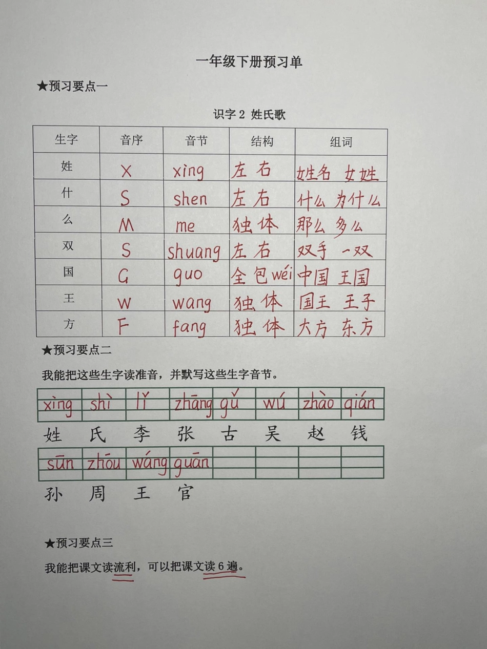 一年级下册语文课前预习单练习  教育 学习 知识点总结.pdf_第1页
