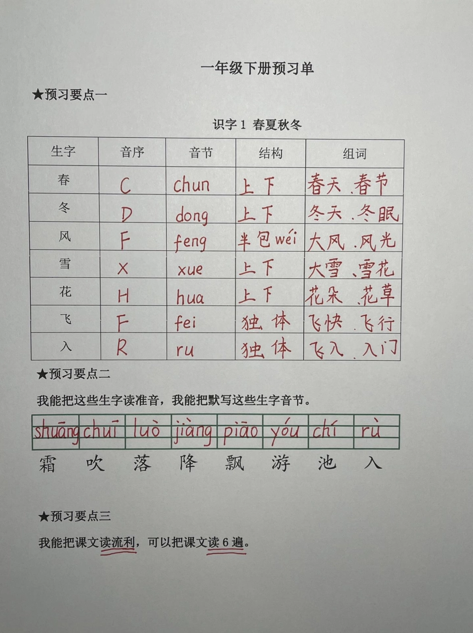 一年级下册语文课前预习单练习  教育 学习 知识点总结.pdf_第2页