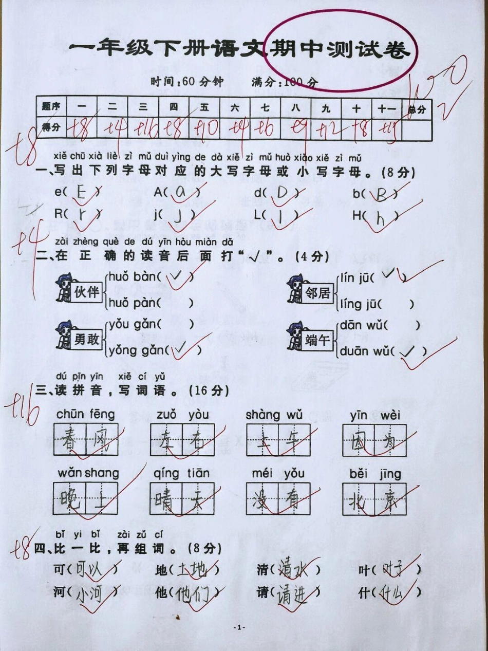 一年级下册语文期中测试卷练习 教育 知识点总结 小学语文 必考考点.pdf_第1页
