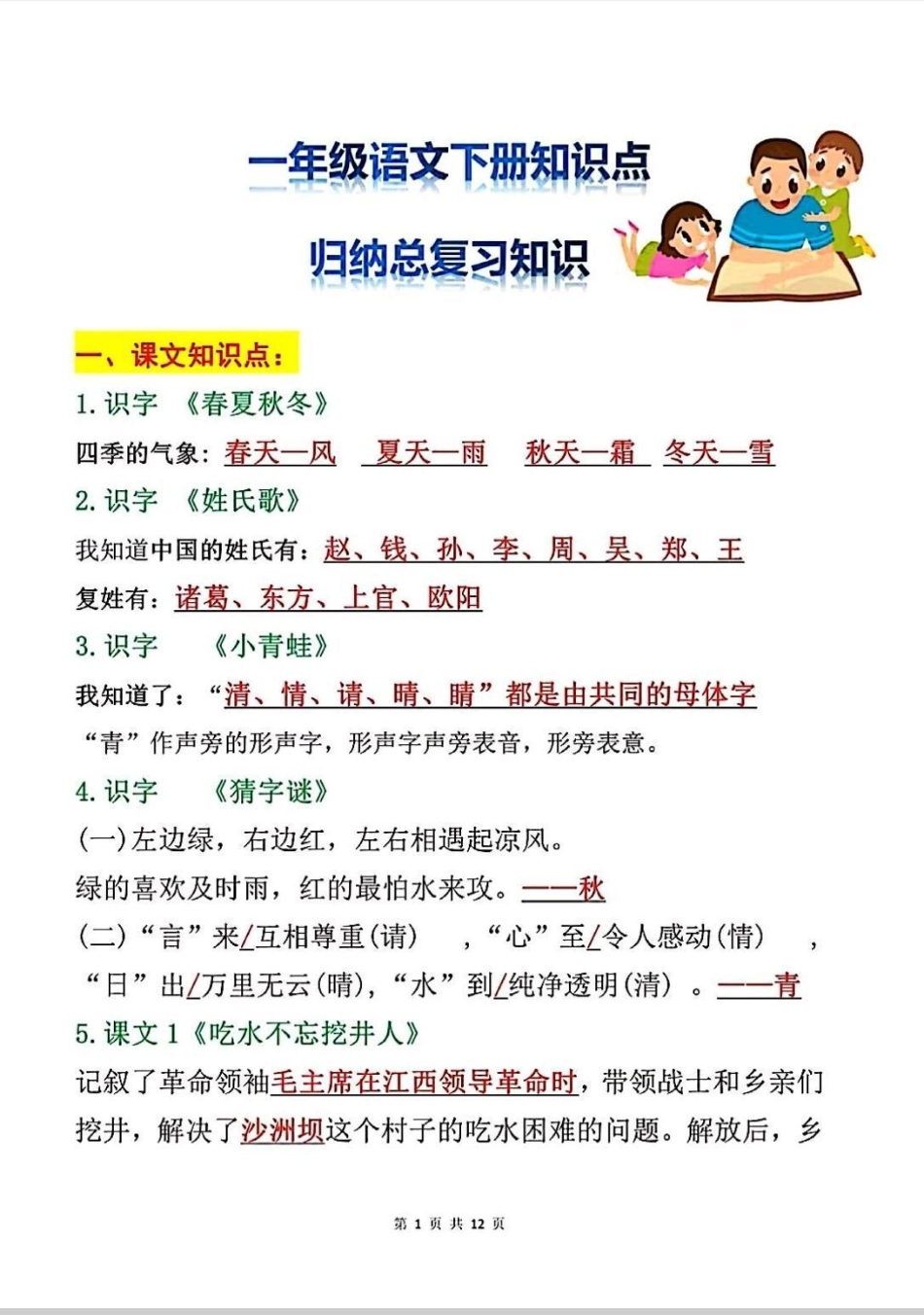 一年级下册语文知识点归纳总结来啦。一年级下册语文总结复习，全册课文重点。 一年级 语文 知识分享 一年级重点知识归纳 小学语文知识点.pdf_第1页