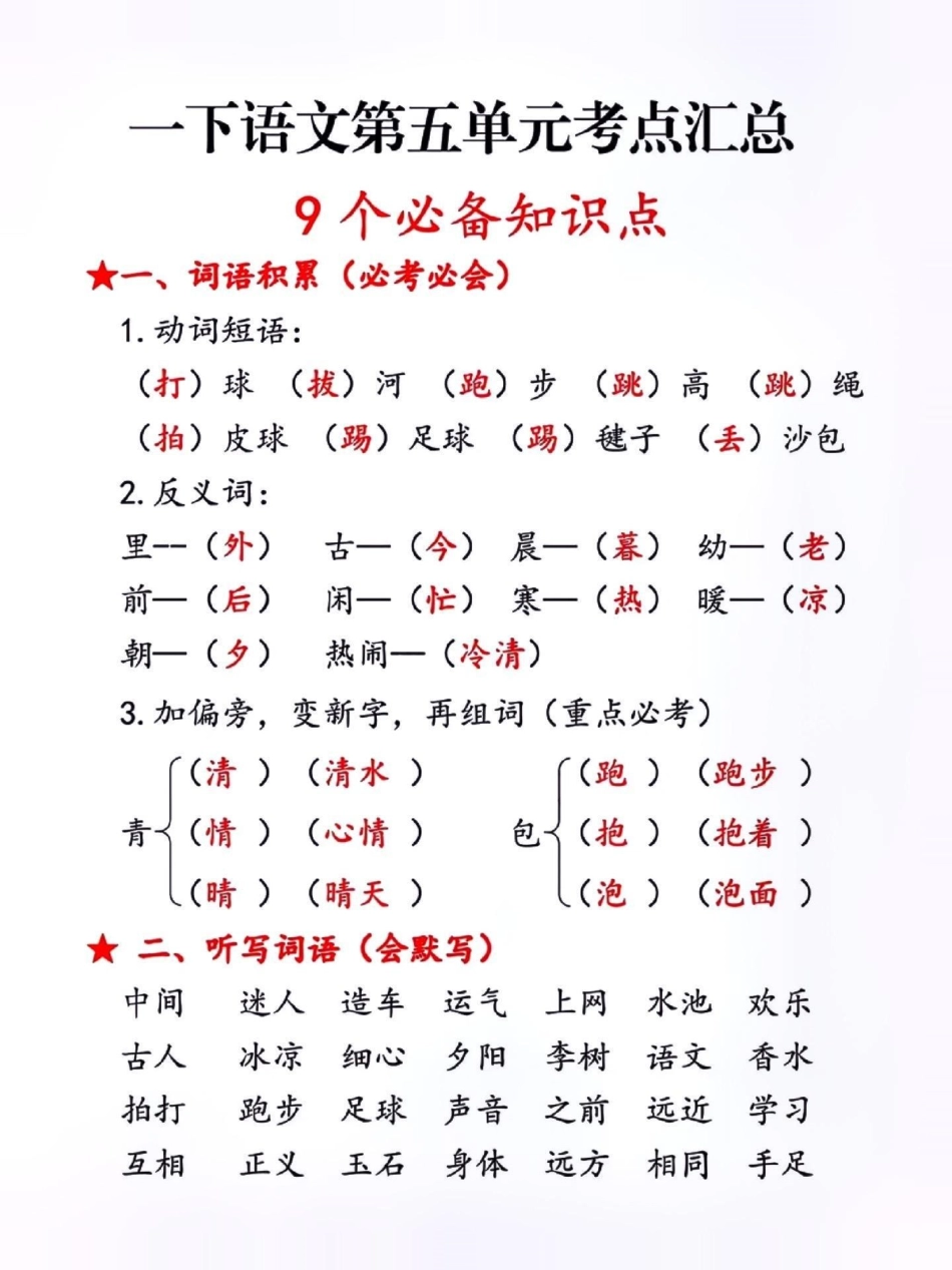 一年级下册知识点总结。关注我持续更新小学知识 知识点总结 小学语文知识点 一年级重点知识归纳 一年级语文下册 热点.pdf_第1页