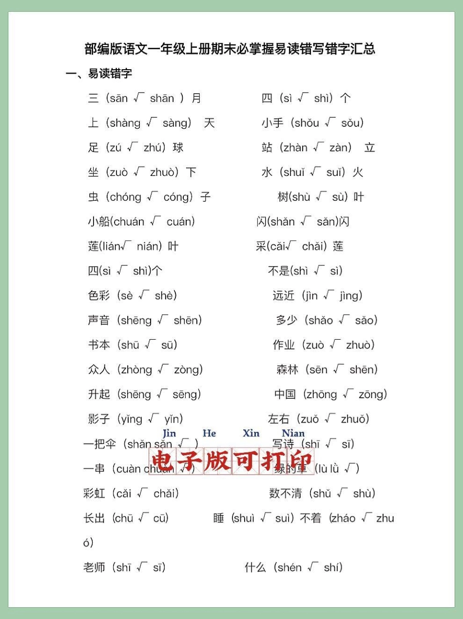 一年级语文上册期末必掌握易读错。一年级语文上册期末必掌握易读错易写错字汇总寒假充电计划 一年级语文 小学语文知识点 易写错的字 易读错的词.pdf_第1页