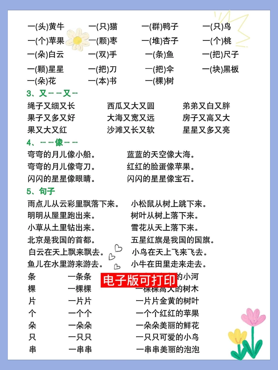 一年级语文上册期末总复习1-8单元考点总。一年级语文上册期末总复习1-8单元考点总结生字组词‼量词用法‼词语搭配专项，句子仿写‼数量词期末复习 一年级重点知识归纳 知识点总结 一年级语文上册 小.pdf_第3页