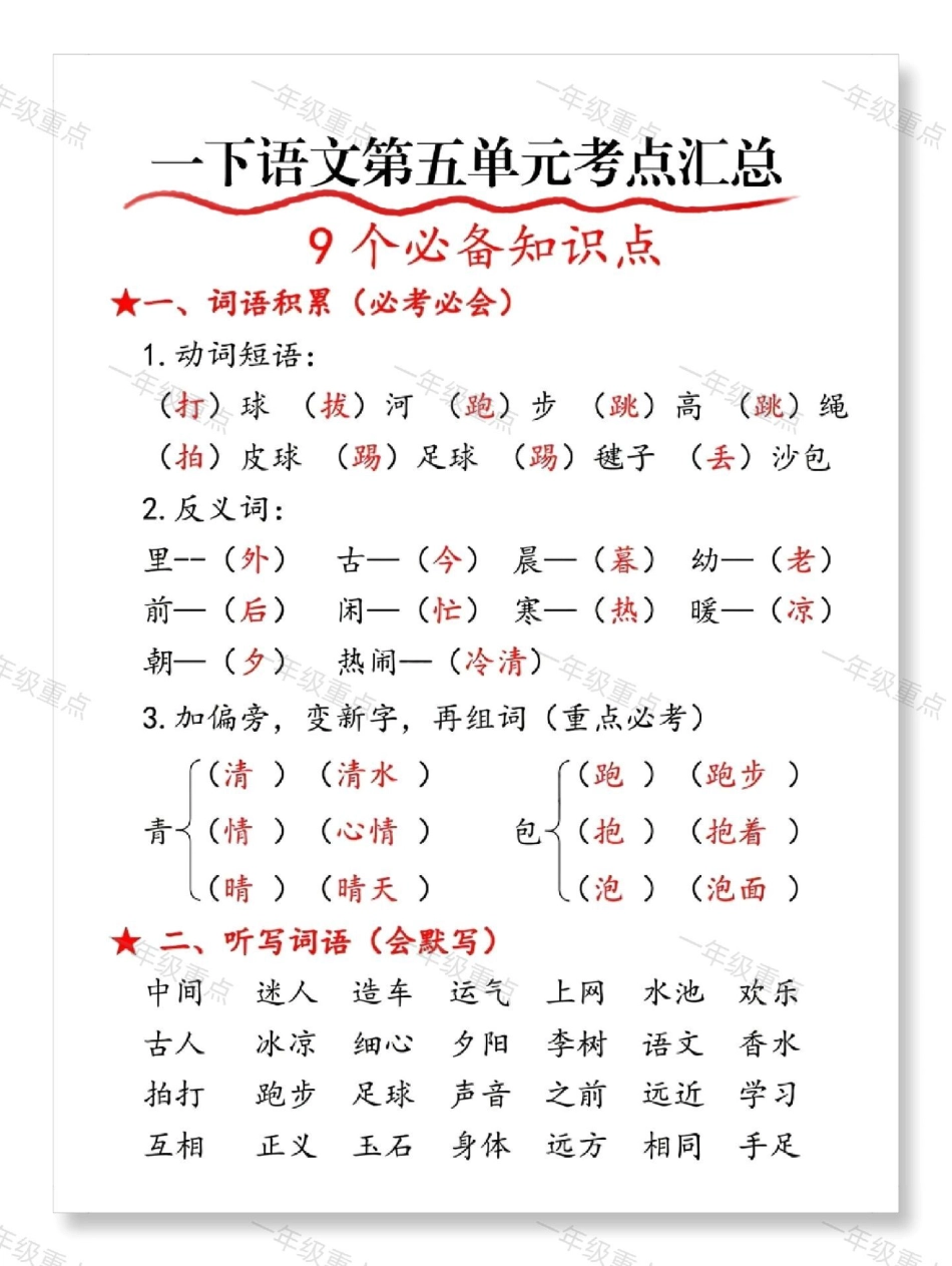 一年级语文下册第五单元考点总结。一年级语文下册 知识点总结 知识分享 一年级 一年级重点知识归纳.pdf_第2页