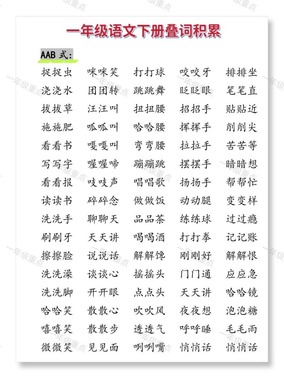 一年级语文下册叠词积累。一年级 知识分享 一年级语文下册 词语积累 一年级重点知识归纳.pdf_第2页