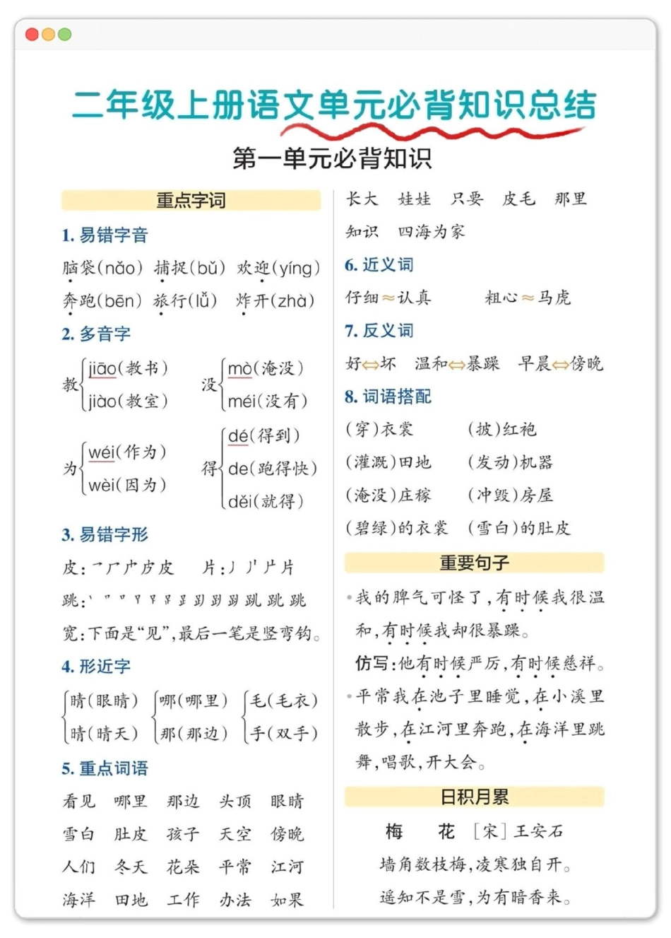 一升二1-8单元语文知识点考点汇总。暑假预习 一升二 语文 知识点总结 每天跟我涨知识.pdf_第2页