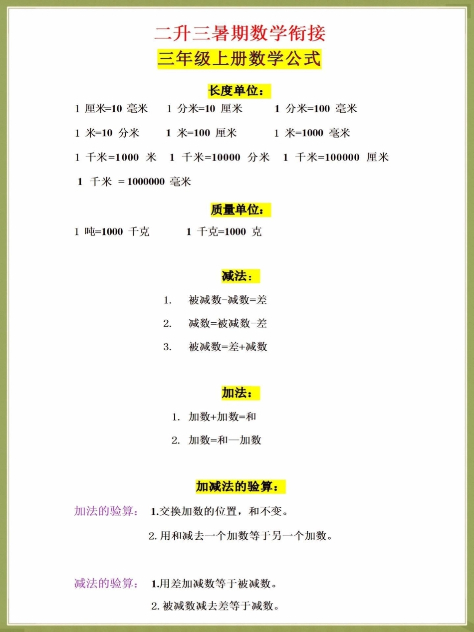 二升三暑假数学预习重点公式背诵汇总。二升三暑假数学预习重点公式背诵汇总来啦，这些内容都是数学老师要求背会背熟的，建议趁着暑假打印出来给孩子提前背熟，假期弯道超车二升三 暑假 数学 小学数学 学霸秘籍.pdf_第2页