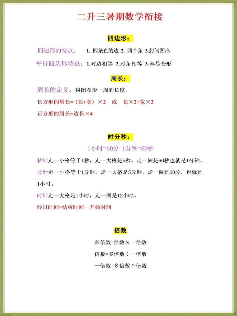 二升三暑假数学预习重点公式背诵汇总。二升三暑假数学预习重点公式背诵汇总来啦，这些内容都是数学老师要求背会背熟的，建议趁着暑假打印出来给孩子提前背熟，假期弯道超车二升三 暑假 数学 小学数学 学霸秘籍.pdf_第3页