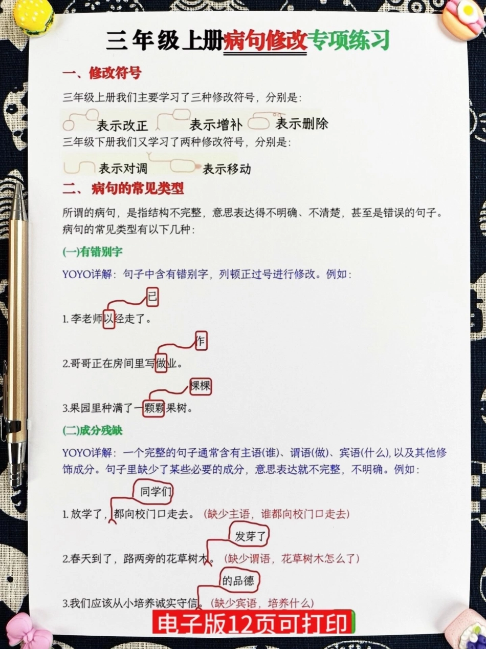 请记住，修改病句是三年级语文的重要考点和。难点！这份资料包括了十大病句类型和专项训练，打印一份学习，让病句不再丢分！三年级上册语文 必考考点 知识点总结.pdf_第2页