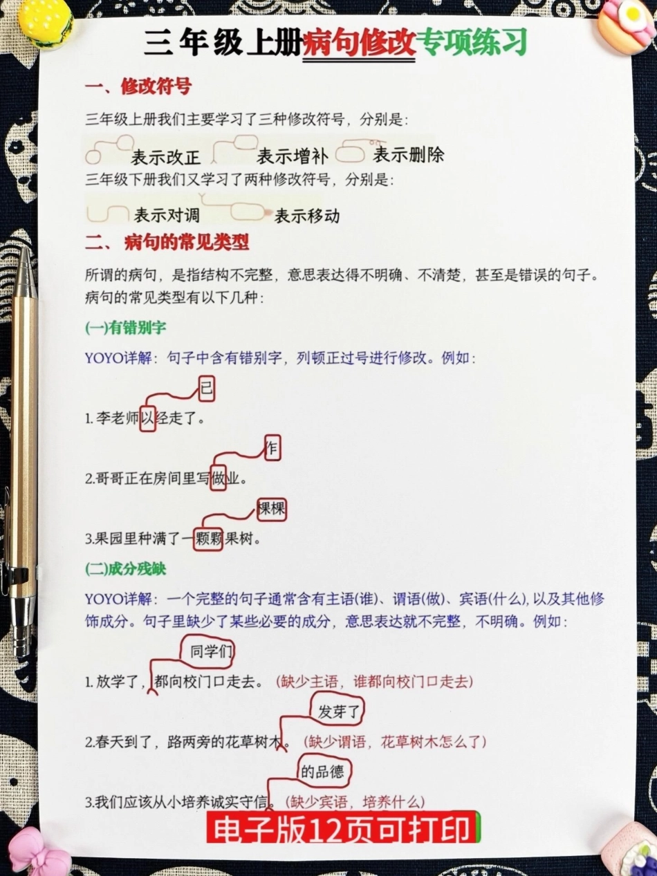 请记住，修改病句是三年级语文的重要考点和。难点！这份资料包括了十大病句类型和专项训练，打印一份学习，让病句不再丢分！三年级上册语文 必考考点 知识点总结.pdf_第3页