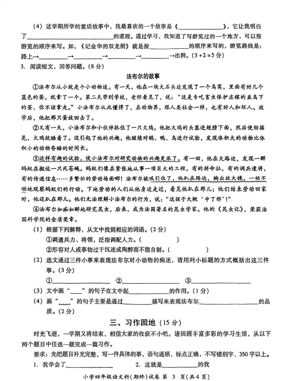 2023年小学语文四年级第二学期期末试卷。2023年小学语文四年级第二学期期末试卷四年级 四年级下册语文语文试卷 小学试卷分享 期末试卷.pdf_第3页