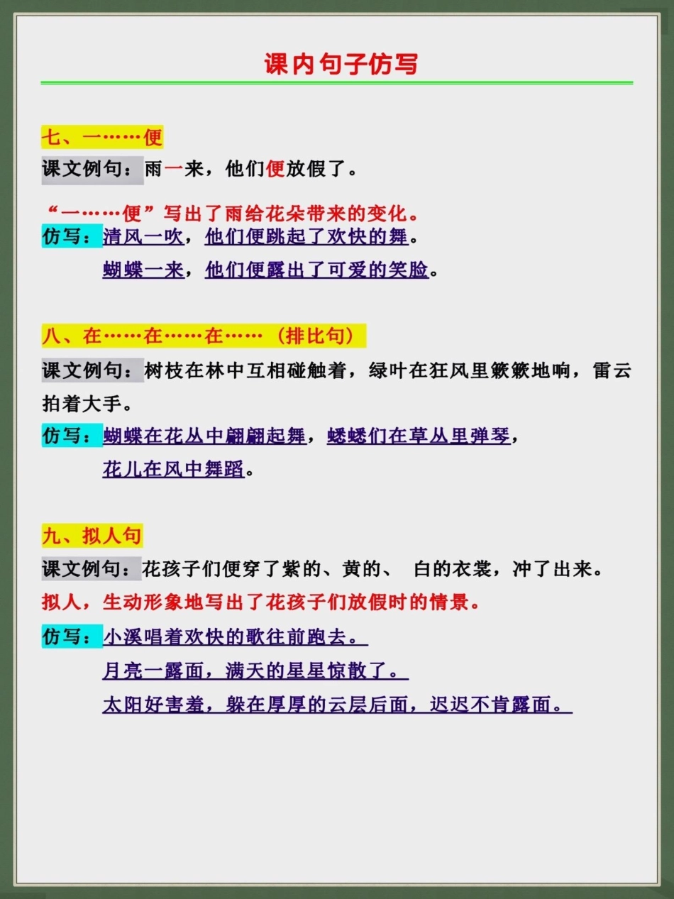 三年级上册语文句子仿写。二升三年级暑假语文句子仿写，可以提前给孩子打印出来让孩子读一读，背一背二升三 暑假预习 三年级上册语文 假期学习仿写句子.pdf_第3页