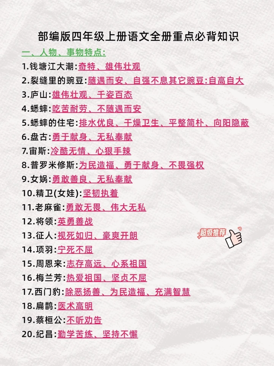 捡到宝了，四年级上册1-8单元知识点梳理。今天给大家分享的是小学语文四年级1-8单元精编知识点，超详细！学渣必备逆袭神器！！有完整电子版可打印小学语文怎么学学渣逆袭指南知识点总结语文笔记四年级上册语文.pdf_第2页