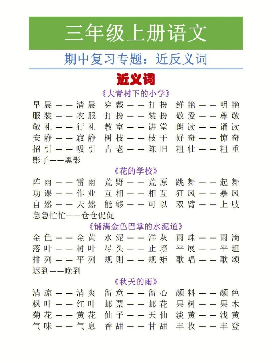 三年级上册语文全册近反义词汇总大全知识点总结 小学知识点归纳 学习 三年级.pdf_第1页