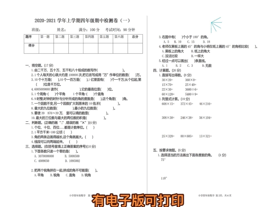 四年级期中测试卷附答案。收藏一下，家长们有底期中复习 四年级数学  数学考点 - 副本.pdf_第1页