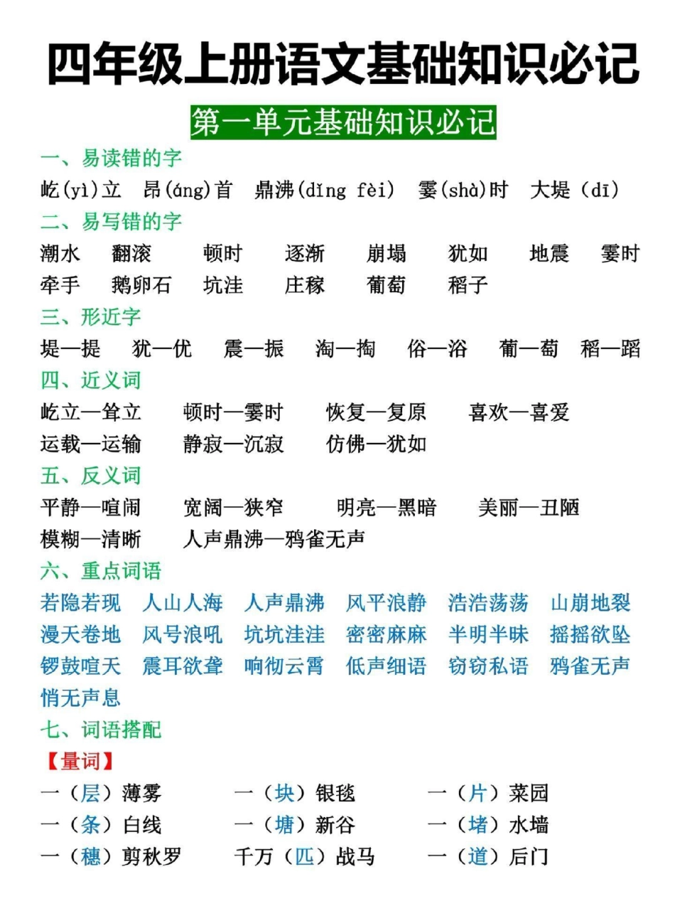 四年级上册语文各单元必记基础知识汇总。四年级 四年级语文 四年级上册语文 小学语文 小学语文知识点.pdf_第1页