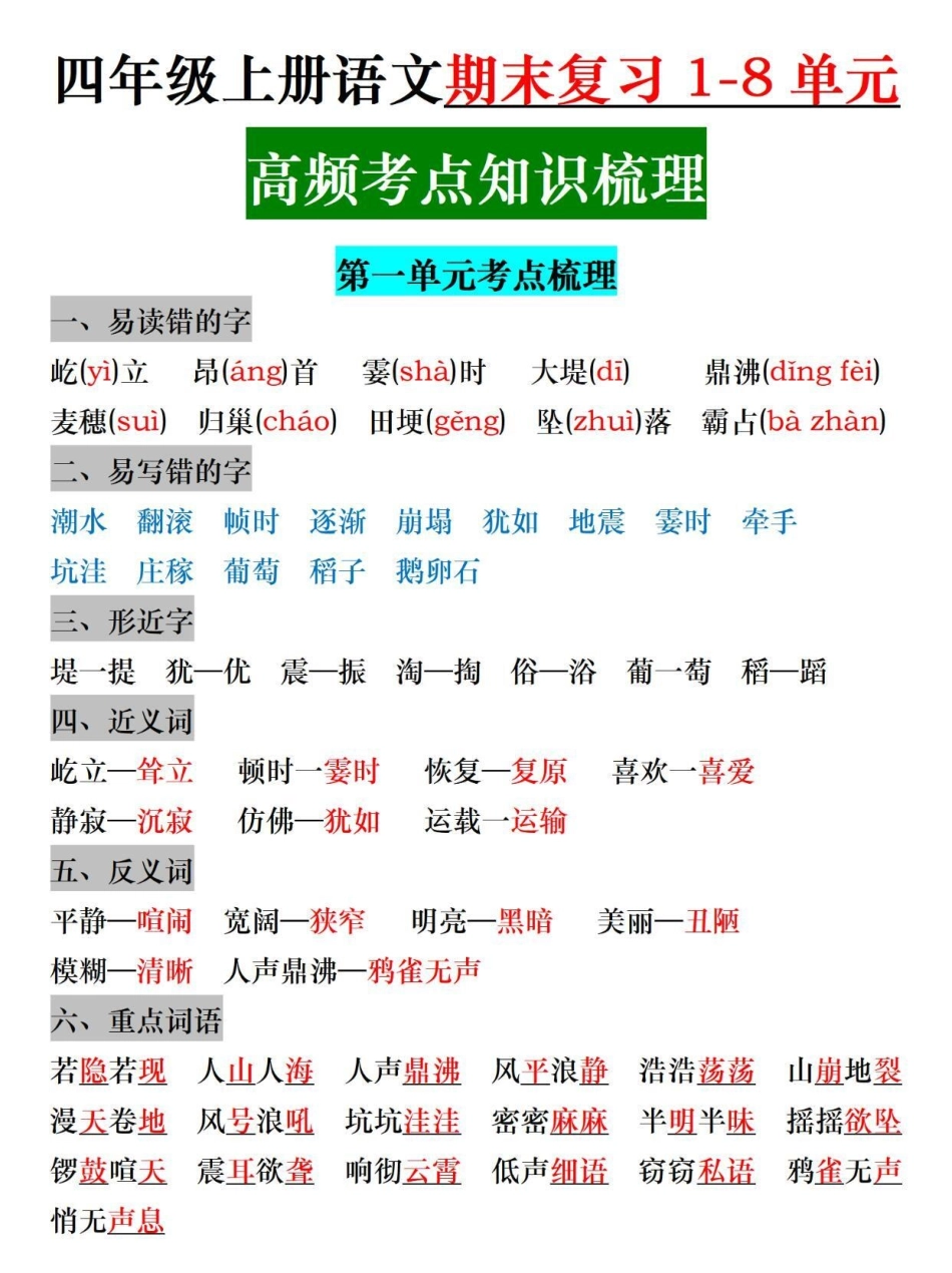 四年级上册语文期末复习各单元核心考点梳理。四年级 四年级上册语文 关注我持续更新小学知识 期末复习 知识点总结.pdf_第1页