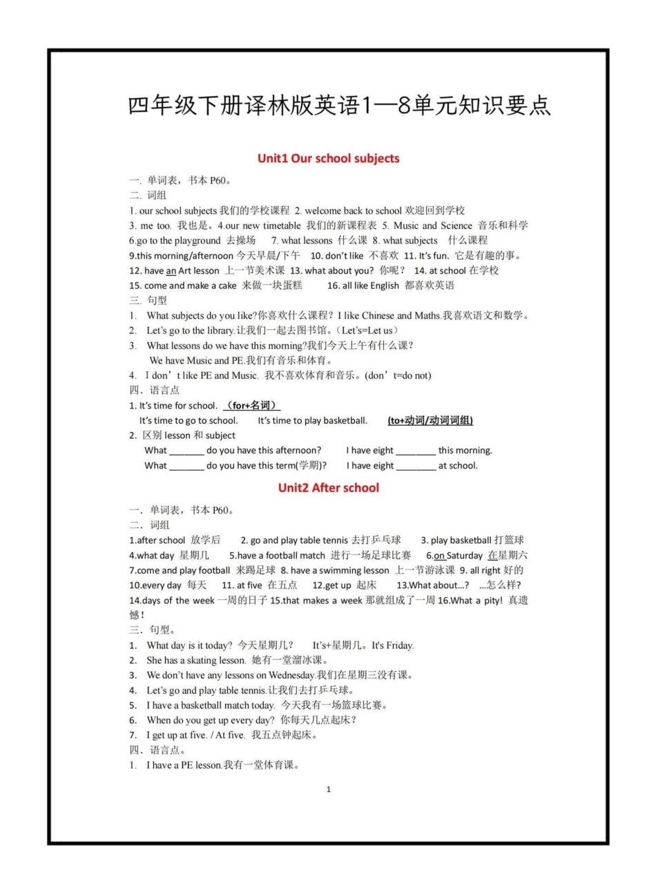 四年级下册译林版英语1—8单元知识要点四下英语译林版重难点整理 译林版英语 学习资料分享 知识点总结.pdf_第1页