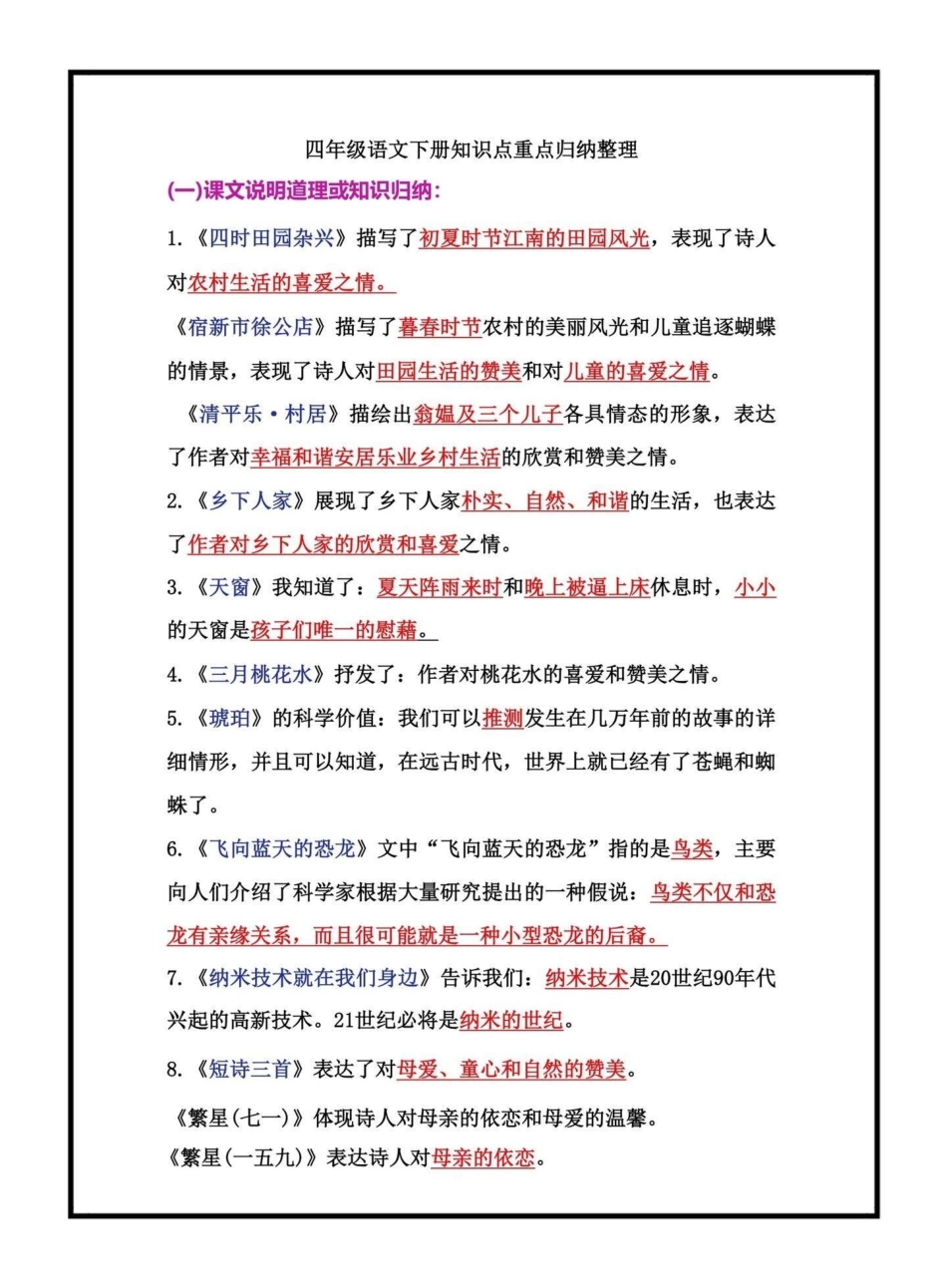四年级下册重点知识点总结归纳。四年级下册重点知识点总结归纳，这些知识点都是考试常考必考，需要孩子去背去记，家长可以打印一份出来给小孩记一记小学语文 四年级语文 知识点总结 知识点分享.pdf_第1页