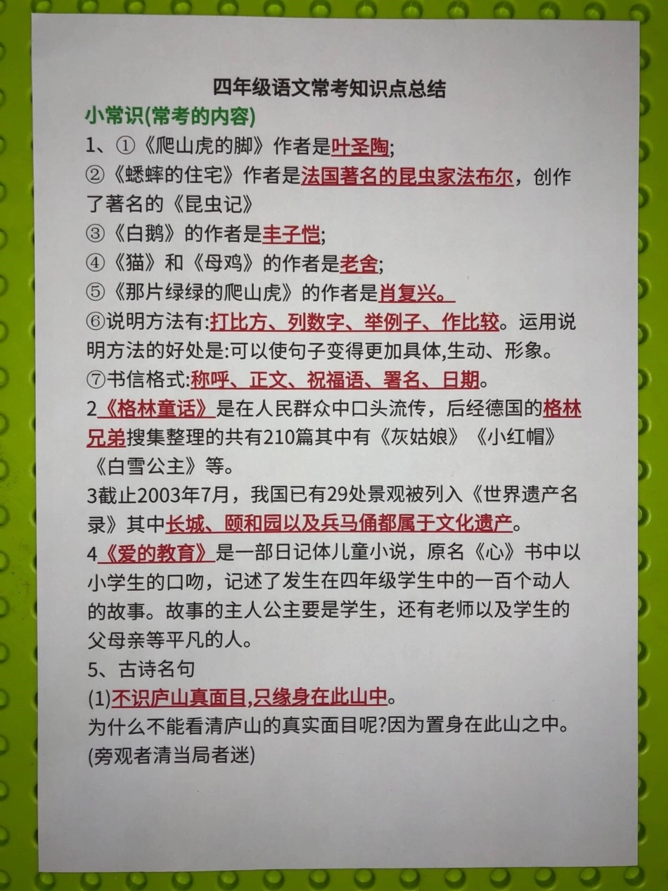 四年级语文全册期中期末常考知识点总结。四年级语文常考的知识点汇总小常识和知识点划线部分重点学习。有电子版可打印四年级语文期中复习知识点总结 期中期末复习 四年级期中复习 - 副本.pdf_第1页