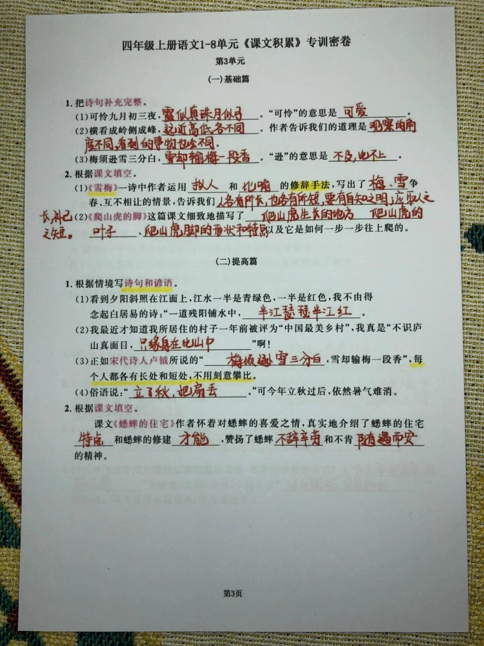 四年级语文上册1-8单元语文积累专项密卷。有电子版可打印有空白卷附答案期中复习重点 语文考点 四年级语文期中考试 四年级语文上册语文专项练习 - 副本.pdf_第3页