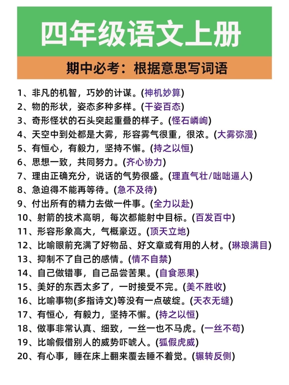 四年级语文上册期中必考点根据意思写成语。四年级期中期末必考点！根据意思写成语。学好了就像捡分一样。家长们给孩子打印一份，几天儿就会了。有电子版，可打印四年级语文上册 看拼音成语 四年级语文期中考试 必.pdf_第2页