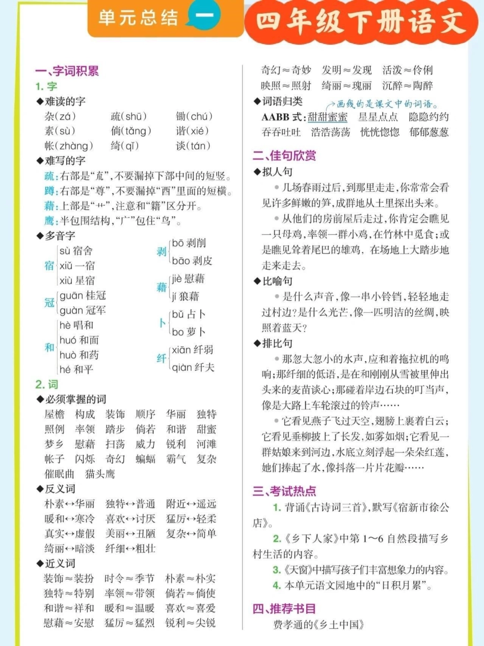 四年级语文下册 单元总结。关注我持续更新小学知识 期末复习 知识点总结 四年级语文下册 四年级下册语文  来客官方助推官 热点宝 创作者中心.pdf_第1页