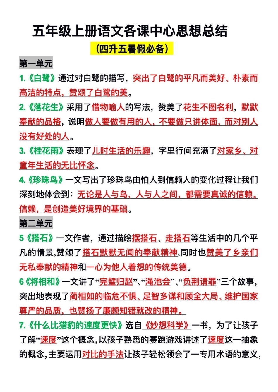 四升五暑假预习‼五年级上册语文各课中心思想总结，给大家梳理好了，家长打印出来给孩子在暑假里背一背四升五暑假计划 暑假预习 五年级上册语文 中心思想归纳 语文知识分享.pdf_第2页