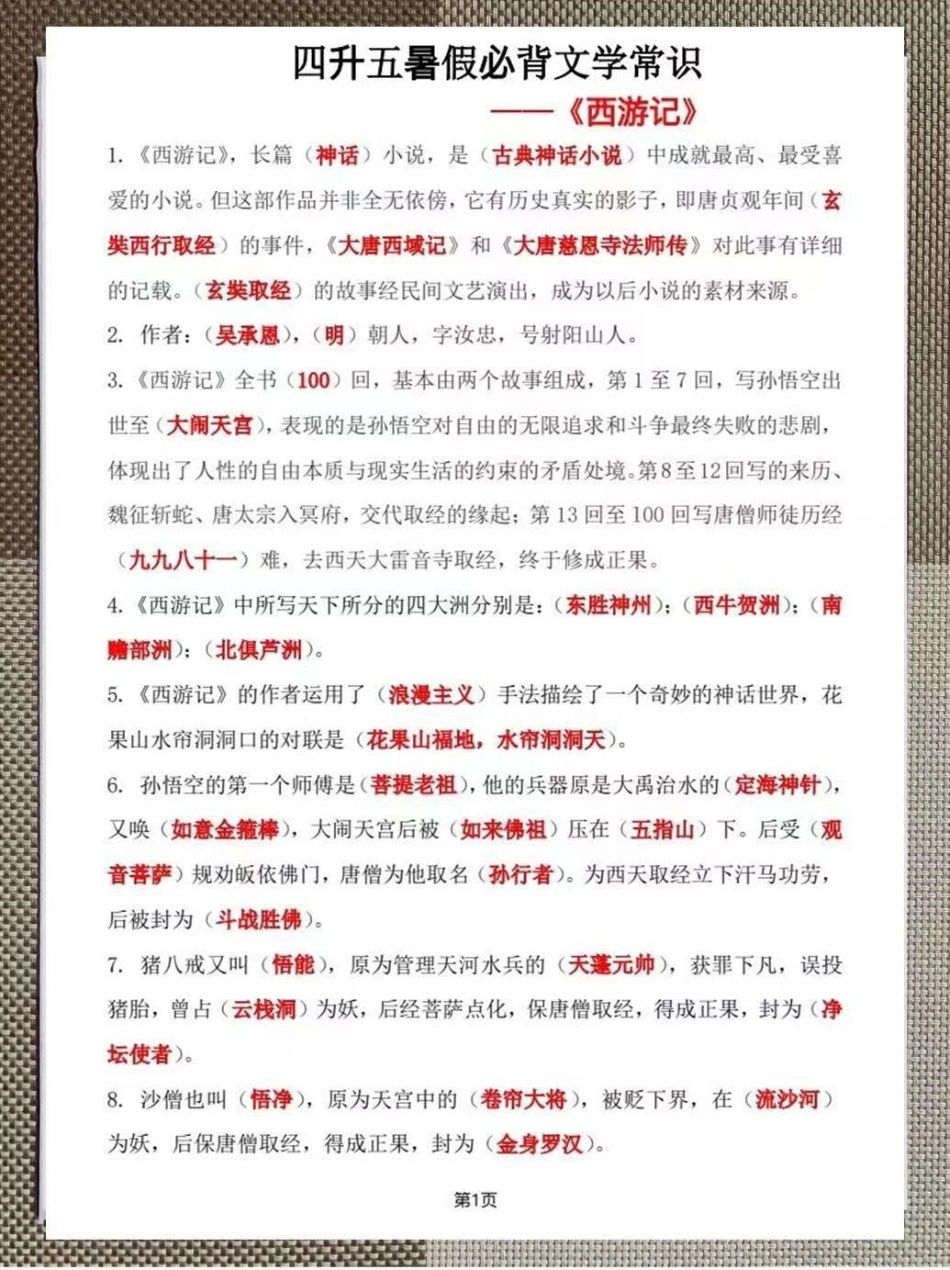 小学四升五暑假必背四大名著文学常识汇总。整理了一份小学四升五年级暑假必背四大名著文学常识汇总暑假预习小学文学常识小学五年级四大名著四大名著知识点.pdf_第1页