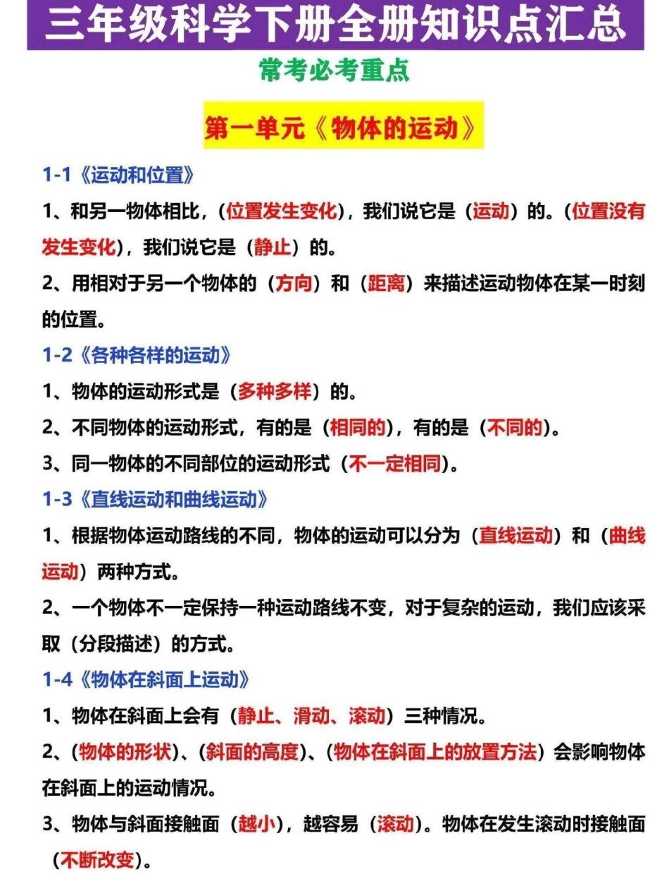 三年级下册科学全册知识点汇总。科学全册的重点常考必考知识点都已经整理汇总，电子版共8页可打印三年级  三年级下册 家长收藏 三年级语文.pdf_第1页