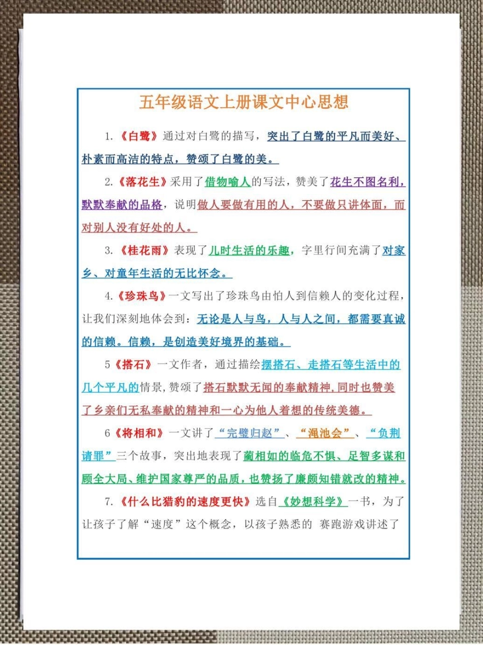 小学五年级上册语文课文中心思想。整理了一份小学五年级上册语文中心思想资料，有完整电子版，需要的家长可以给孩子准备一份。暑假预习 学霸秘籍 知识点总结 电子版可打印 五年级上册语文.pdf_第1页