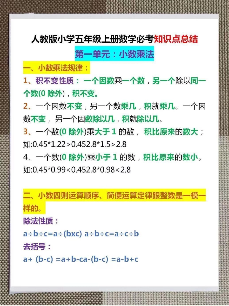 小学五年级数学上册1-8单元知识点汇总。整理了一份五年级数学上册1-8单元知识点汇总。家长给孩子打印一份出来学习，都是考试常考常出题，完整版可打印，快给孩子打印一份出来学习吧！电子版可打印  暑假预习.pdf_第1页