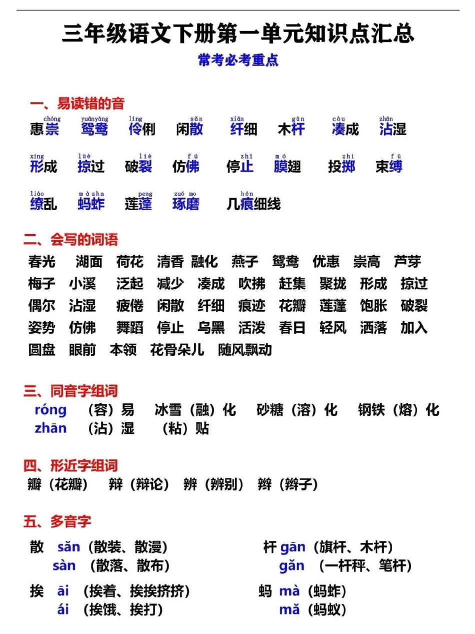 三年级下册语文第一单元知识点梳理。寒假预习必背，家长替孩子收藏打印三年级 三年级语文 三年级语文下册 三年级下册语文.pdf_第1页