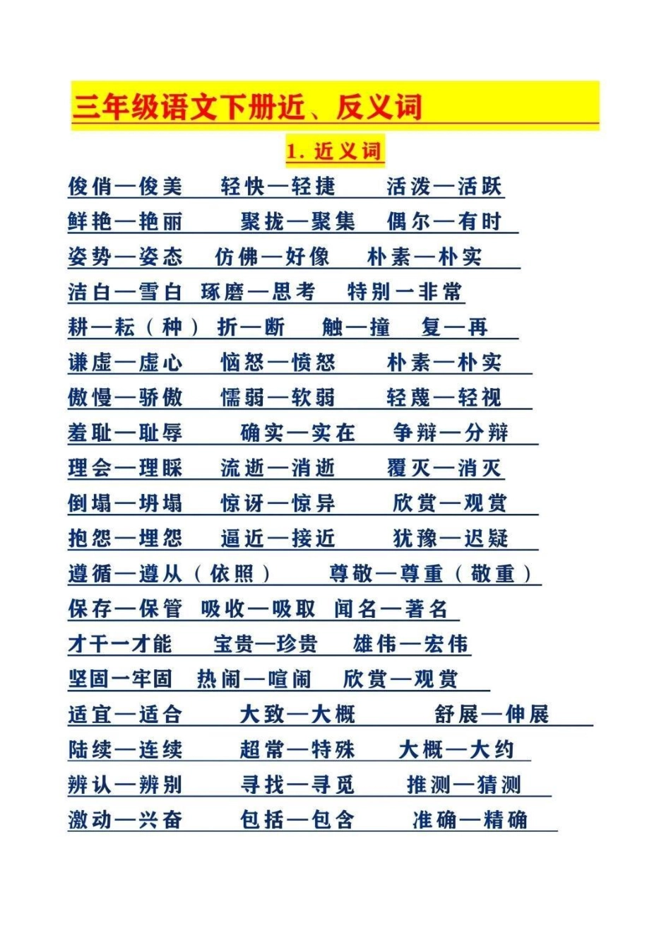 三年级下册语文近反义词整理归纳，收藏保存下来学习备用，假期提前读一读背一背吧  教育 学习 三年级.pdf_第1页