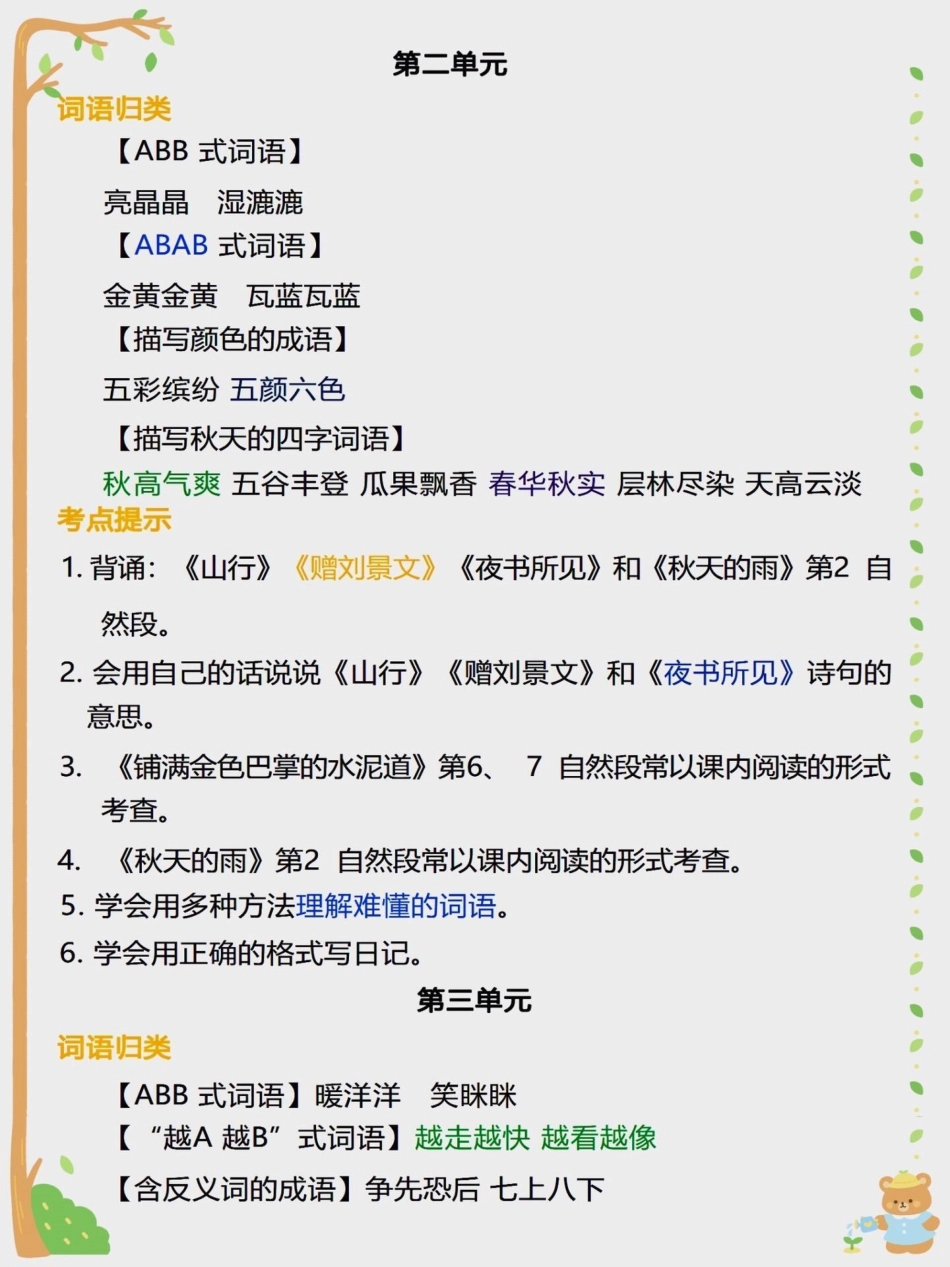 三年级语文上册词语归类积累，课文佳句汇总。三年级 学霸秘籍 语文 知识点总结 三年级上册.pdf_第2页