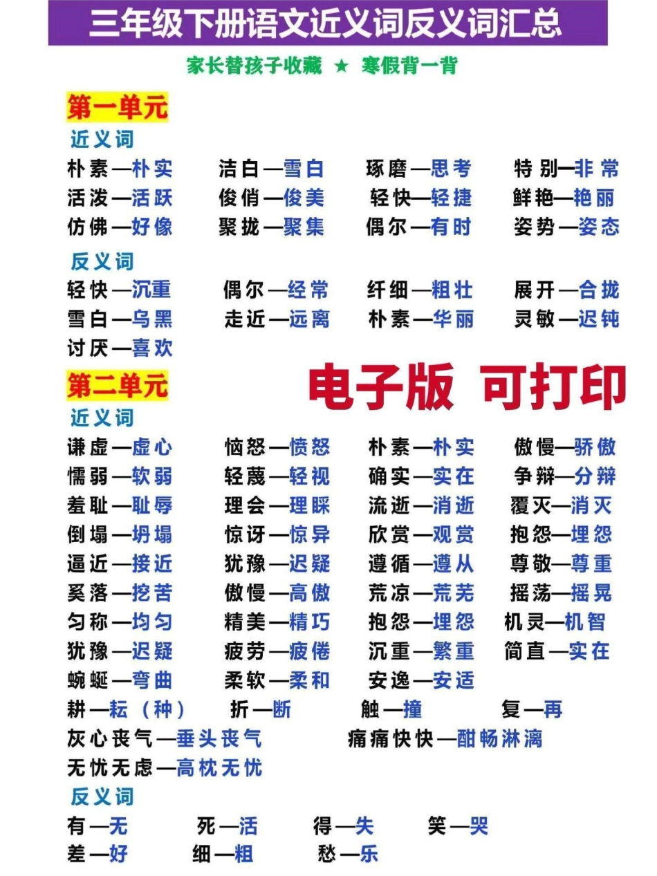 三年级语文下册近义词反义词大全。三年级语文下册近义词反义词梳理汇总，家长替孩子收藏打印，寒假熟记三年级 三年级语文重点归纳 三年级语文 三年级语文下册 三年级下册语文.pdf_第1页