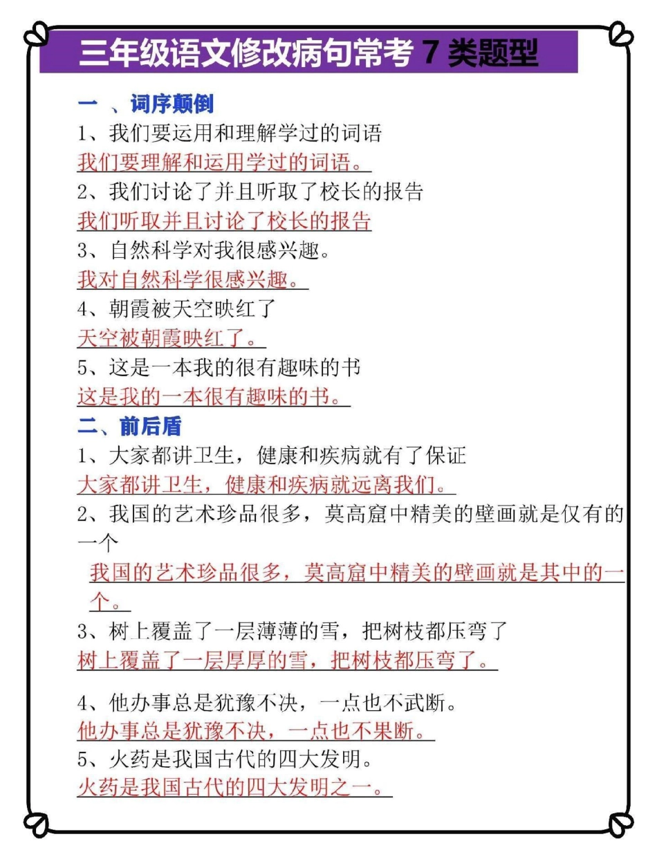 三年级语文修改病句常考易考七类题型汇总。修改病句是三年级重点难点三年级 三年级语文重点归纳 三年级语文 三年级上册语文 三年级语文上册.pdf_第1页