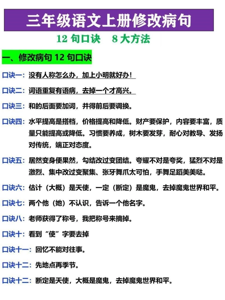 三年级语文修改病句专项突破训练。包含病句修改12句口诀，8大方向以及病句修改符号，家长替孩子收藏，寒假复习巩固三年级 三年级上册 三年级语文重点归纳 三年级语文 三年级上册语文.pdf_第1页