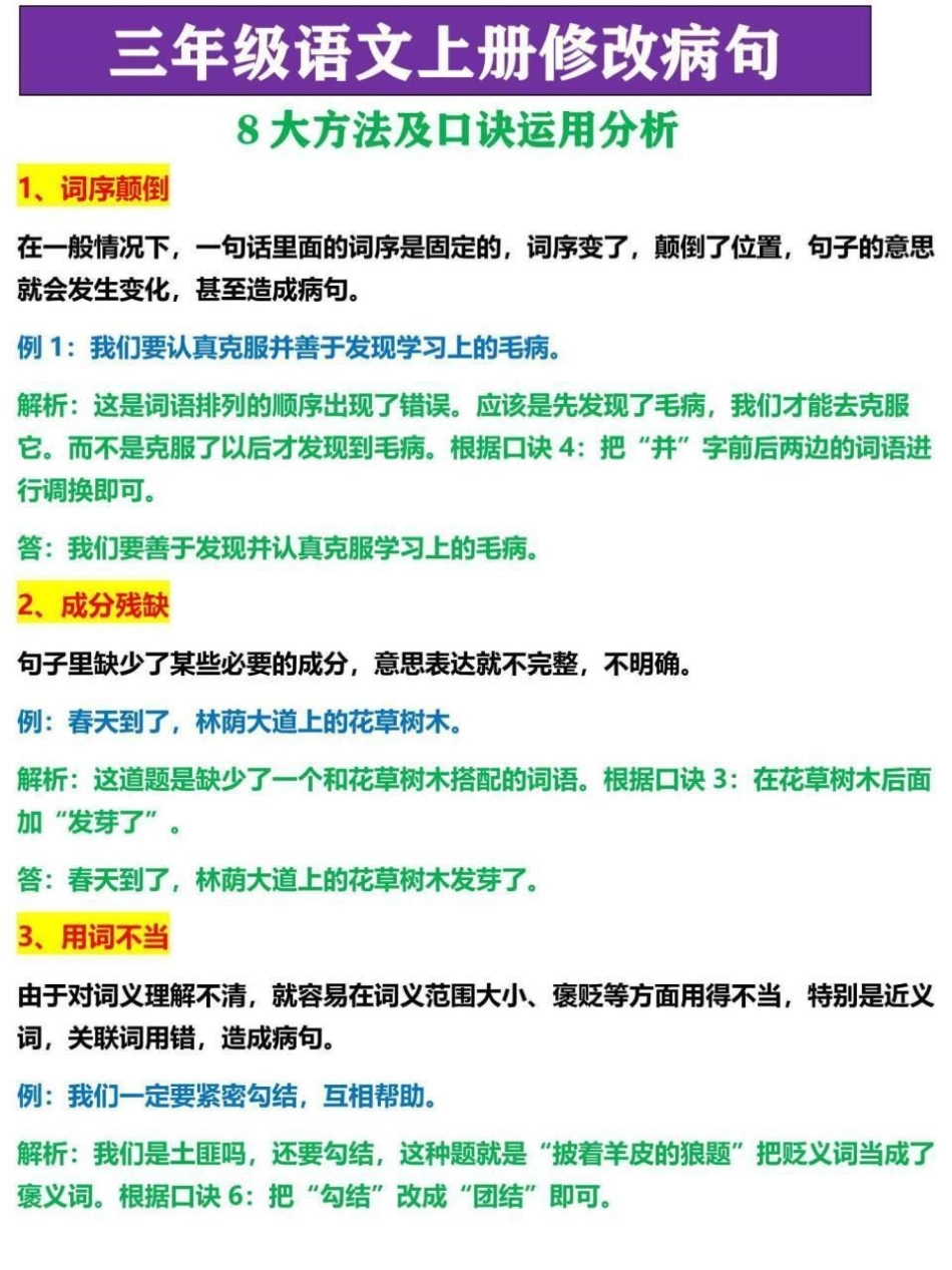 三年级语文修改病句专项突破训练。包含病句修改12句口诀，8大方向以及病句修改符号，家长替孩子收藏，寒假复习巩固三年级 三年级上册 三年级语文重点归纳 三年级语文 三年级上册语文.pdf_第3页