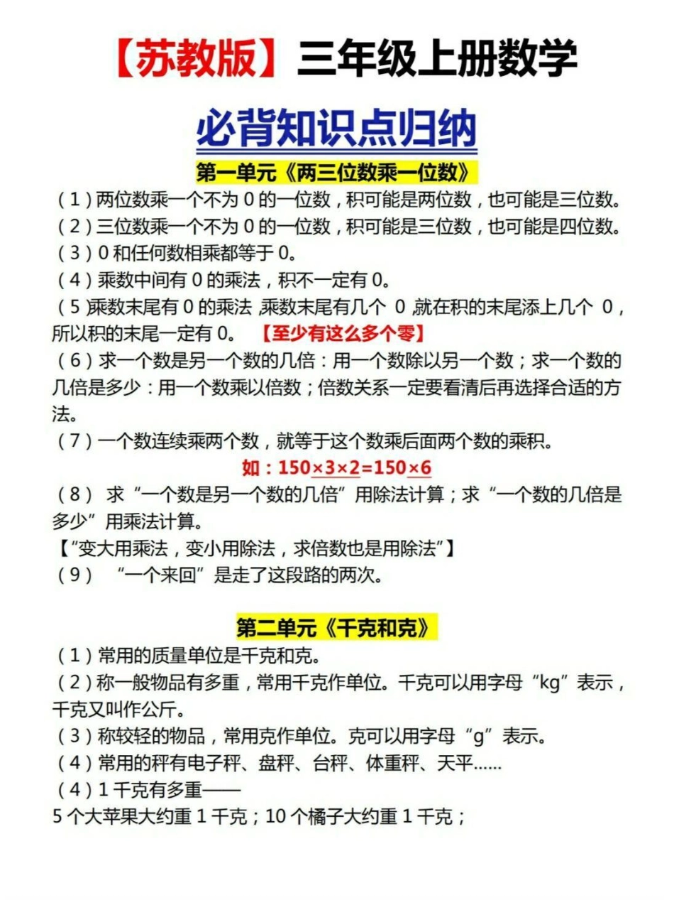 苏教版三年级数学知识必背重点知识点总结 小学数学 必考考点.pdf_第1页