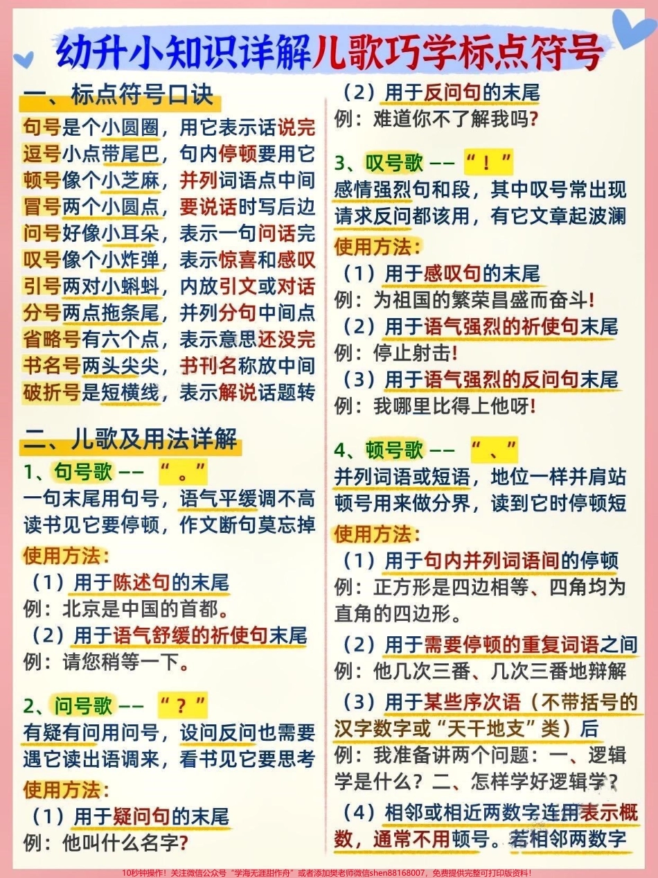 幼小衔接标点符号用法大全口诀儿歌轻松背。标点符号在语文中的重要性想必不用在此赘述吧。从小学一年级开始认识标点符号到它们伴随我们终身使用。不管是写句子还是写作文，标点符号的标记位置不同，表达的意思便截然.pdf_第1页